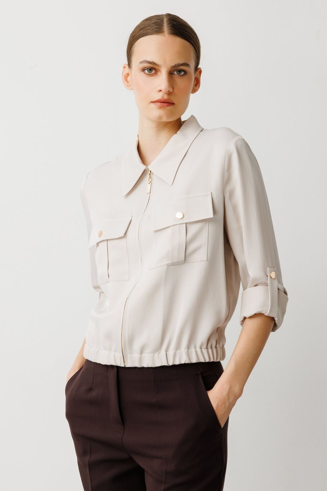 Ekol Parlak Kumaş Fermuarlı Ceket Taş