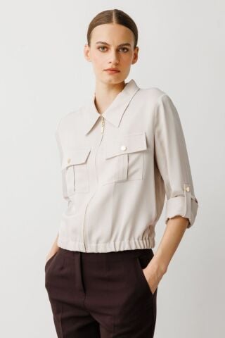 Ekol Parlak Kumaş Fermuarlı Ceket Taş