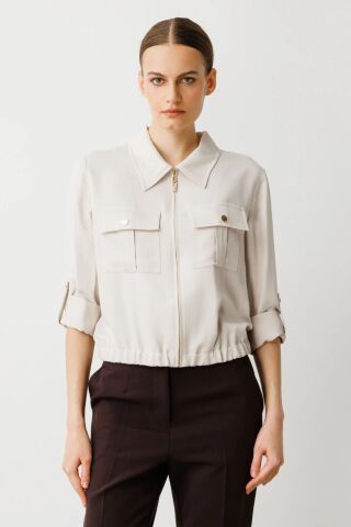 Ekol Parlak Kumaş Fermuarlı Ceket Taş