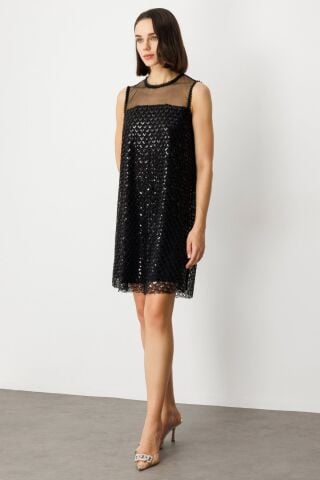 Ekol Pul Ve Boncuklu Diz Üstü Elbise Siyah