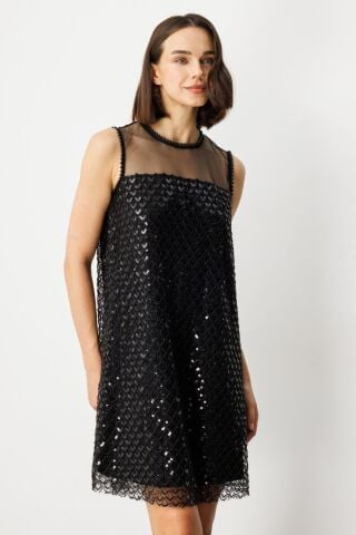 Ekol Pul Ve Boncuklu Diz Üstü Elbise Siyah