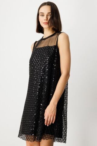 Ekol Pul Ve Boncuklu Diz Üstü Elbise Siyah