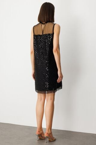 Ekol Pul Ve Boncuklu Diz Üstü Elbise Siyah