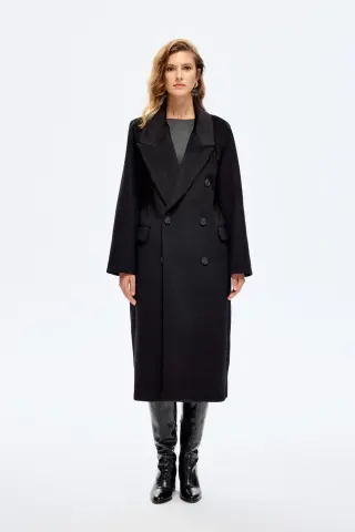 QUZU Vatkalı Yırtmaçlı Uzun Kaşe Kaban Siyah