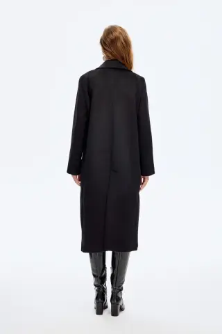 QUZU Vatkalı Yırtmaçlı Uzun Kaşe Kaban Siyah