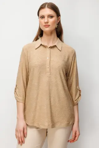 On Yarım Kollu İşlemeli Bluz XL - camel