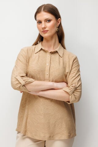On Yarım Kollu İşlemeli Bluz XL - camel