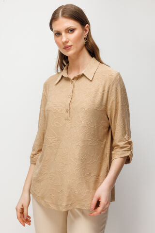 On Yarım Kollu İşlemeli Bluz XL - camel