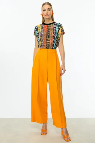 On Pile Detaylı Geniş Paça Pantolon Oranj