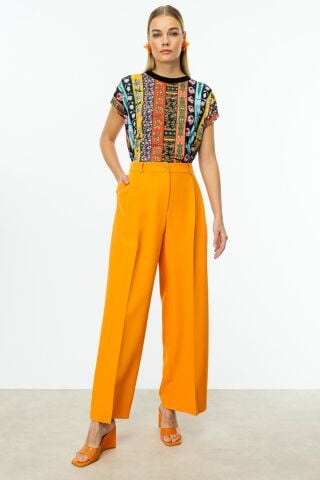 On Pile Detaylı Geniş Paça Pantolon Oranj