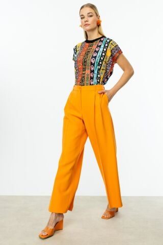 On Pile Detaylı Geniş Paça Pantolon Oranj