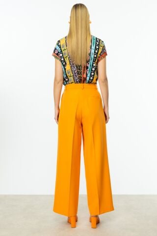 On Pile Detaylı Geniş Paça Pantolon Oranj