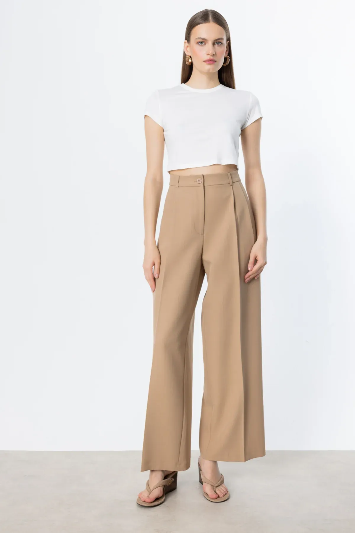 On Pile Detaylı Geniş Paça Pantolon Oranj MOCHA - 40