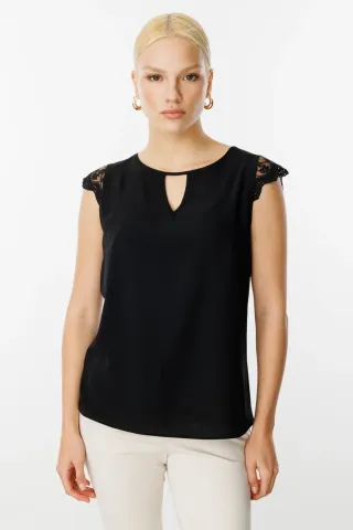 Ekol Dantel Detaylı Kolsuz Bluz SİYAH - 38