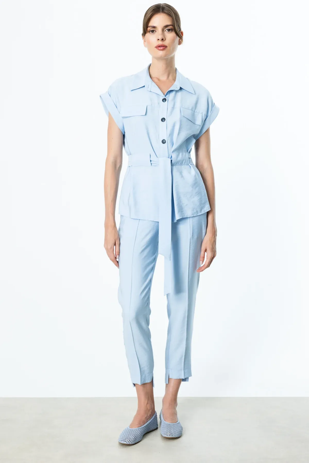 Ekol Önü Düğmeli Beli Kuşaklı  Takım