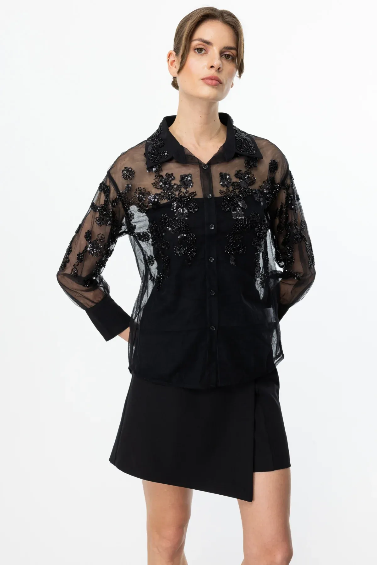 Ekol Taş Çiçek Detaylı Transparan Gömlek Siyah