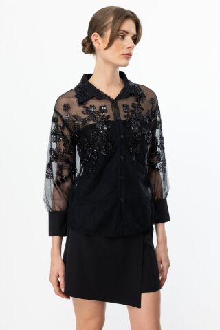 Ekol Taş Çiçek Detaylı Transparan Gömlek Siyah