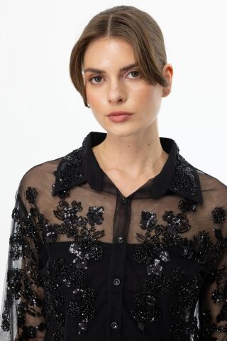 Ekol Taş Çiçek Detaylı Transparan Gömlek Siyah