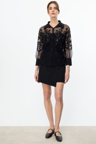 Ekol Taş Çiçek Detaylı Transparan Gömlek Siyah