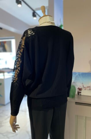 Motifli Yarasa Kol Triko SİYAH - XL