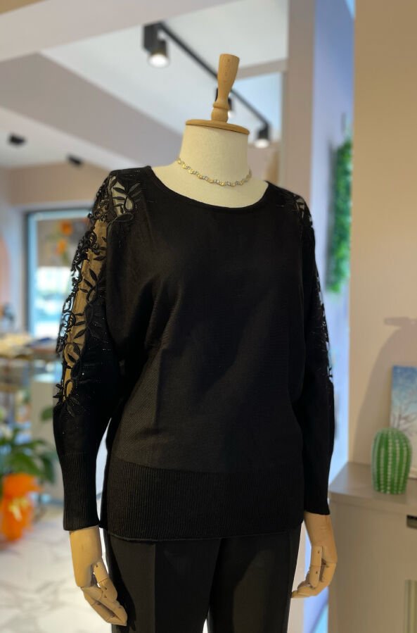 Motifli Yarasa Kol Triko SİYAH - XL