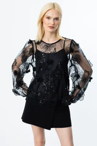 Ekol İç Atletli Pul Çiçek İşlemeli Bluz Siyah