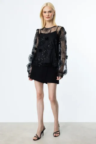 Ekol İç Atletli Pul Çiçek İşlemeli Bluz Siyah