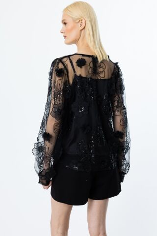 Ekol İç Atletli Pul Çiçek İşlemeli Bluz Siyah