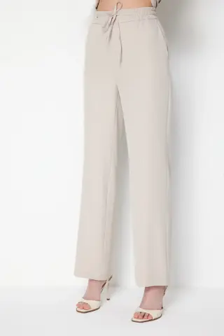 On Çimalı Bağcıklı Bol Paça Pantolon KREM - L