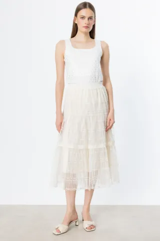 Ekol Beli Lastikli Tül Dantel İşlemeli Etek Bej