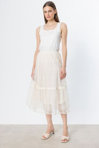 Ekol Beli Lastikli Tül Dantel İşlemeli Etek Bej