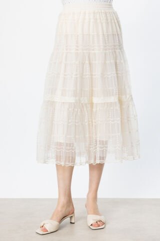 Ekol Beli Lastikli Tül Dantel İşlemeli Etek Bej