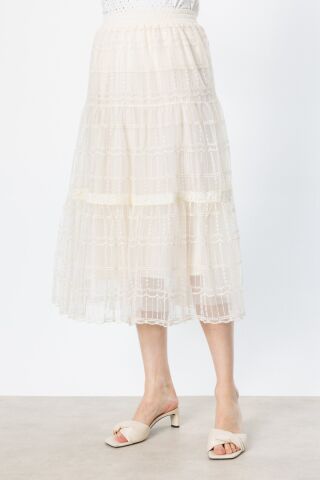 Ekol Beli Lastikli Tül Dantel İşlemeli Etek Bej