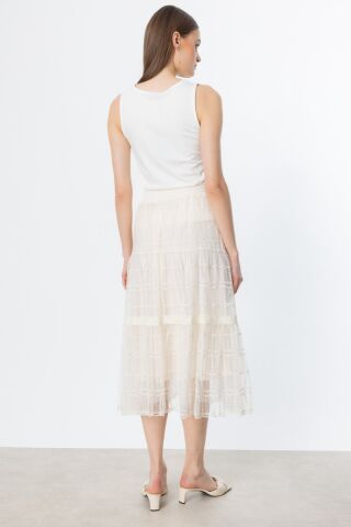 Ekol Beli Lastikli Tül Dantel İşlemeli Etek Bej