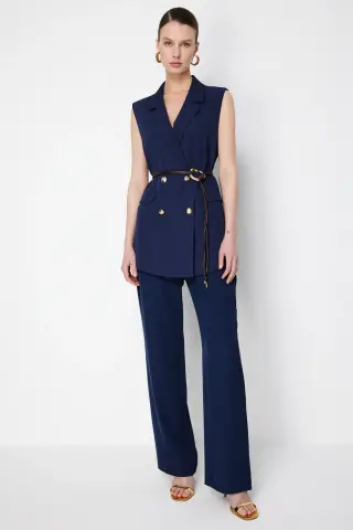 On Çimalı Bağcıklı Bol Paça Pantolon LACİVERT - XL