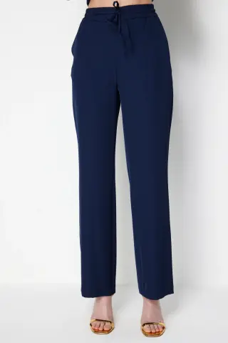On Çimalı Bağcıklı Bol Paça Pantolon LACİVERT - XL