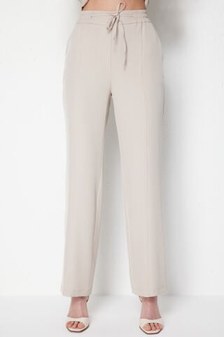 On Çimalı Bağcıklı Bol Paça Pantolon KREM - XL