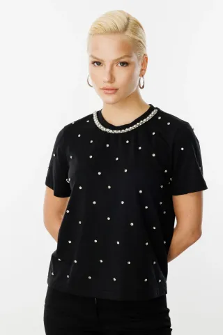 On Yakası İnci Detaylı Pamuk Bluz