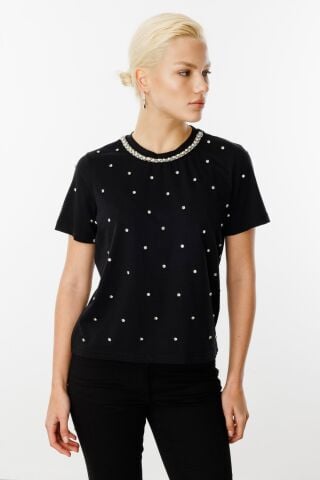 On Yakası İnci Detaylı Pamuk Bluz