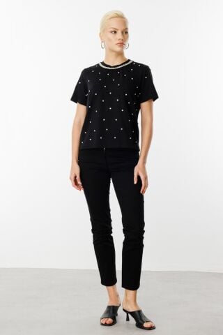 On Yakası İnci Detaylı Pamuk Bluz