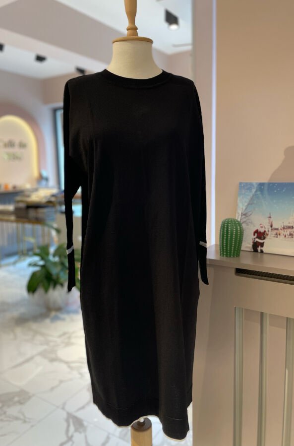 Bisiklet Yaka Uzun Kollu Triko Elbise Siyah