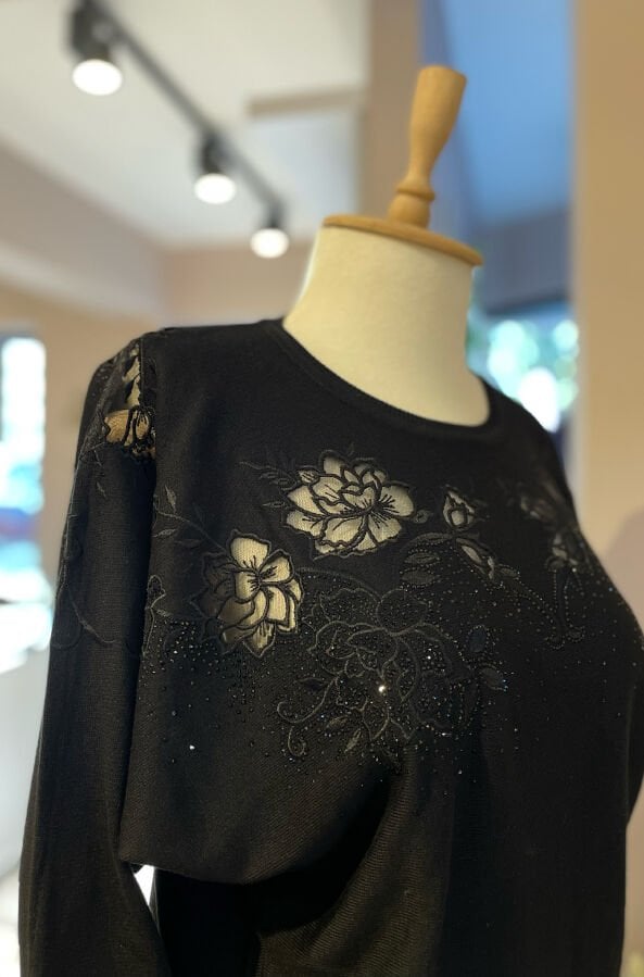 Çiçek Motifli Yarasa Kol Triko Siyah