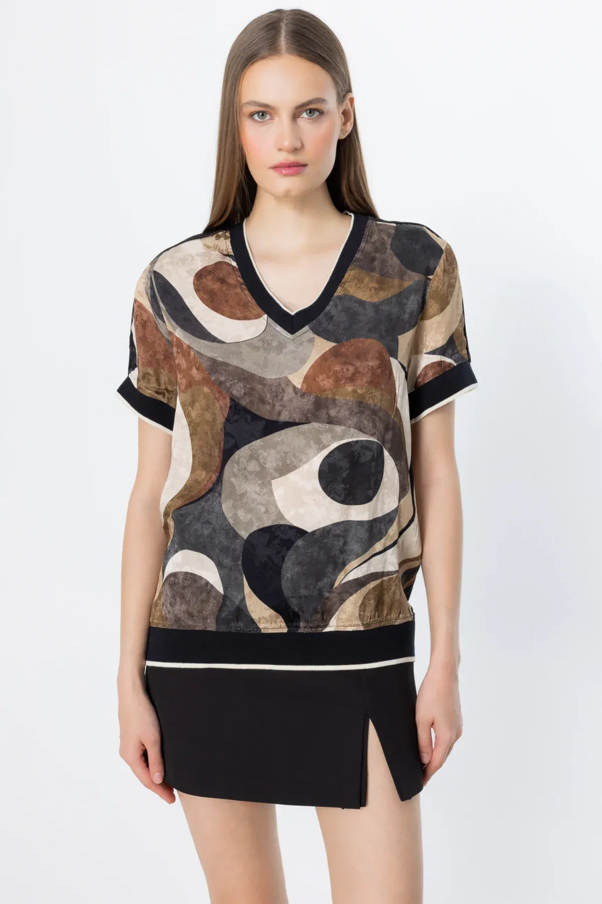 On Desenli V Yaka Bluz Mocha