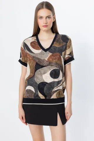 On Desenli V Yaka Bluz Mocha