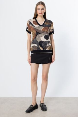 On Desenli V Yaka Bluz Mocha