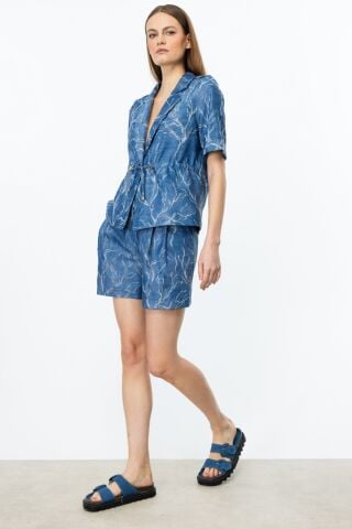 On Desenli Pileli Şort Indıgo