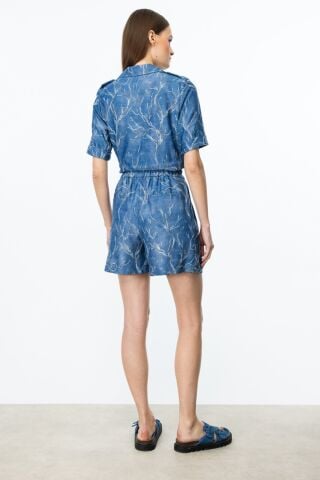 On Desenli Pileli Şort Indıgo