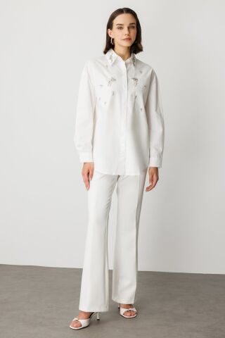 On Taş Detaylı Pamuk Gömlek Beyaz