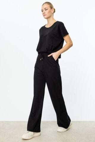 On Beli Lastikli Bol Paça Pantolon ve Beli Pileli Bluz Takım