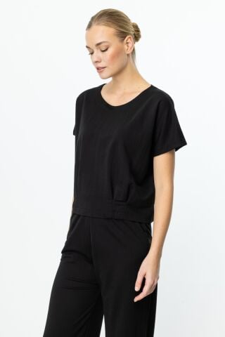 On Beli Lastikli Bol Paça Pantolon ve Beli Pileli Bluz Takım